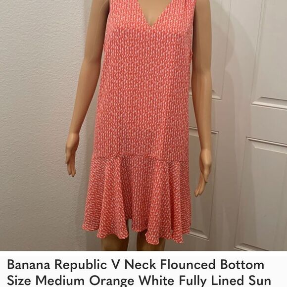 Banana Republic Dress VNeck Short Sleeved Orange White Ruffled Bottom Sz Medium - Picture 10 of 11